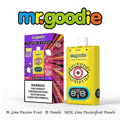 Colorful Packaging And A Yellow Electronic Vape Device Branded 'Mr.goodie,' Featuring An Eye Graphic, Flavor-Switching Buttons, And Labeled As Offering Three Flavors: Lime Passion Fruit, Pomelo, And Lime Passionfruit Pomelo Mix.