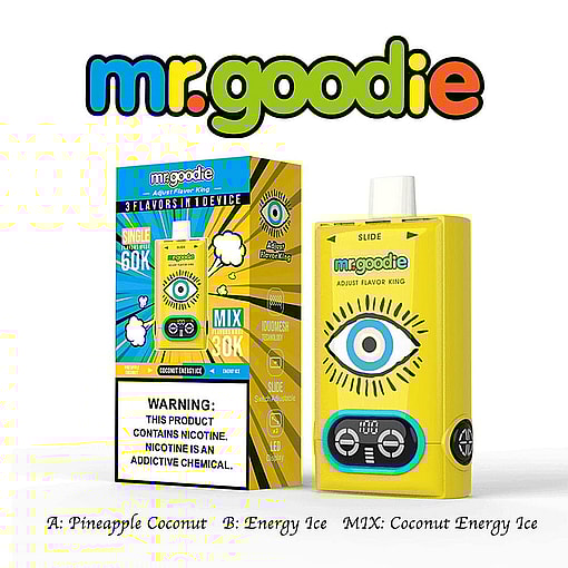 Mr. Goodie Branded Vape Product Packaging And Yellow Vape Device Featuring A Blue Stylized Eye Design, With Text Detailing Flavors Pineapple Coconut, Energy Ice, And Coconut Energy Ice, And A Nicotine Warning Label.