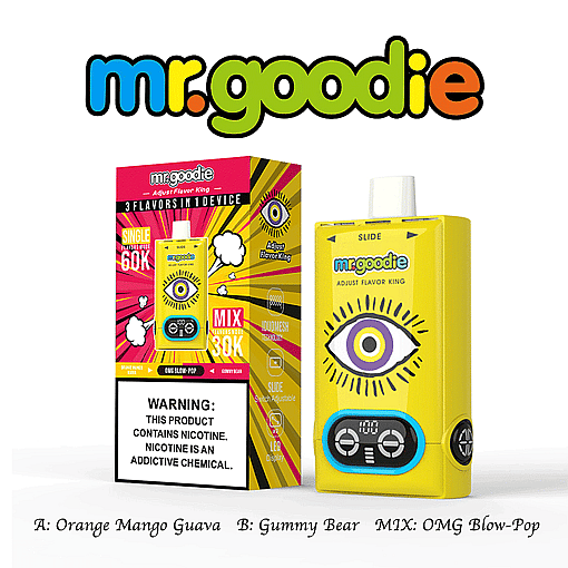 Mr. Goodie Adjustable Flavor Vape Device And Its Packaging Featuring A Bold Yellow Design With A Stylized Eye Graphic, Flavor Options Including Orange Mango Guava, Gummy Bear, And Omg Blow-Pop, And A Nicotine Warning Label.