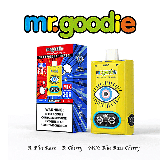 Mr. Goodie Flavored Vape Device With A Yellow Case Featuring A Stylized Eye Graphic, Shown Next To Its Colorful Packaging That Highlights Three Available Flavors: Blue Razz, Cherry, And A Blue Razz Cherry Mix.