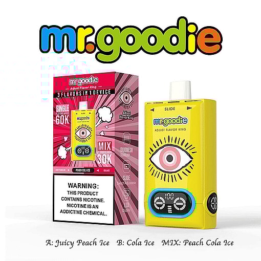 Mr. Goodie Flavored Vape Device And Packaging Featuring A Bright Yellow Device With A Stylized Eye Illustration, Labeled With Three Flavor Options: Juicy Peach Ice, Cola Ice, And Peach Cola Ice Mix.