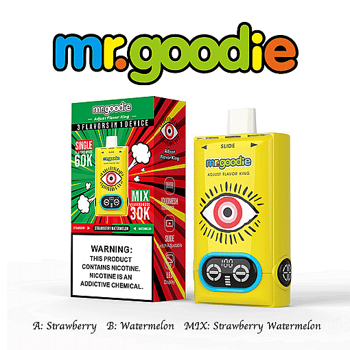 Mr. Goodie Vape Device And Packaging, Featuring A Yellow Box With A Stylized Eye Graphic, Product Information About Adjustable Flavor Modes For Strawberry, Watermelon, And A Mix, Along With A Nicotine Warning Label.