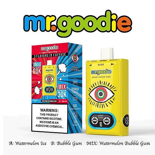 Mr. Goodie Adjustable Vape Device And Packaging, Featuring A Yellow Box With A Stylized Eye Design And A Sliding Switch, Labeled With Flavors Watermelon Ice, Bubble Gum, And Watermelon Bubble Gum, And A Nicotine Warning.