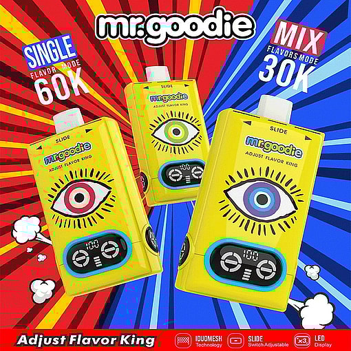Promotional Image For Mr.goodie Vaping Device Featuring Three Yellow Units With Eye Graphics, Digital Controls, And Text Highlighting 'Single Flavor Mode 60K' And 'Mix Flavors Mode 30K' Against A Red And Blue Burst Background.