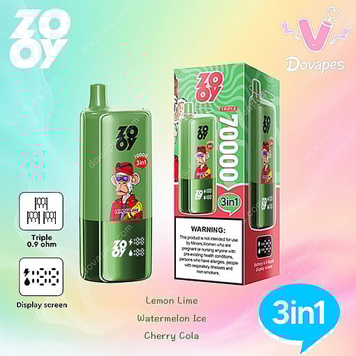Green Zooy 3-In-1 Vape Device And Packaging Featuring A Cartoon Monkey In Red Glasses And Jacket, With Flavor Options Listed As Lemon Lime, Watermelon Ice, And Cherry Cola, And Product Highlights Including A Triple 0.9 Ohm Coil And Display Screen.