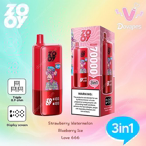 Red Zooy Disposable Vape Device And Its Packaging Featuring A Cartoon Character, Labeled With 10,000 Puffs, 3-In-1 Flavors (Strawberry Watermelon, Blueberry Ice, Love 666), And Display Screen Features, On A Pastel Gradient Background.