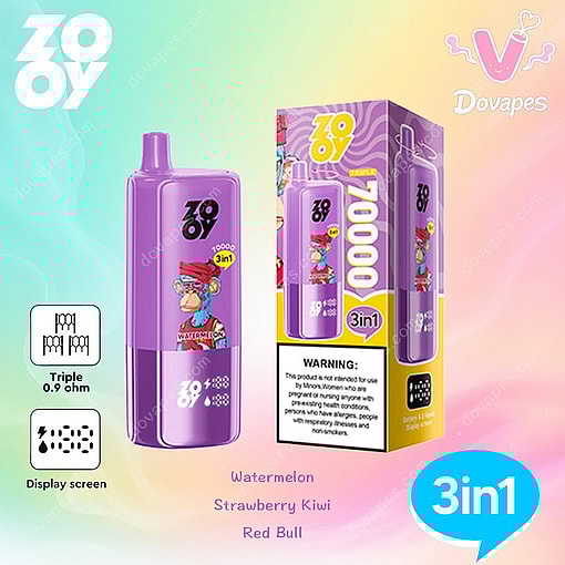 Purple Zooy Disposable Vape Device And Its Packaging With A Cartoon Monkey Design, Labeled 3In1 With 10,000 Puffs, Trio Of Flavors (Watermelon, Strawberry Kiwi, Red Bull), And Icons For Triple Coil And Display Screen.