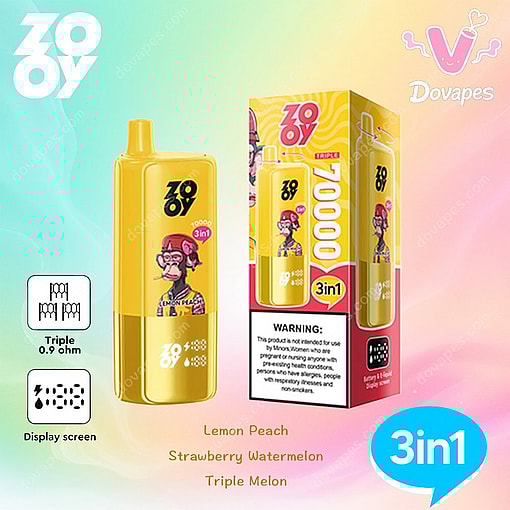 Yellow Zooy Branded Disposable Vape Device And Its Packaging, Featuring A Cartoon Monkey With Glasses And A Hat, Promoting Triple Flavors (Lemon Peach, Strawberry Watermelon, Triple Melon), A 10,000 Puff Count, A 0.9 Ohm Triple Coil, And A Display Screen.