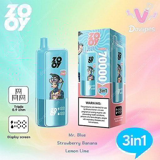 Blue Zoovy Disposable Vape Device And Its Packaging Featuring A Cartoon Character, Displaying '10,000 Puffs 3In1', And Flavor Options Mr. Blue, Strawberry Banana, And Lemon Lime, On A Pastel Gradient Background.
