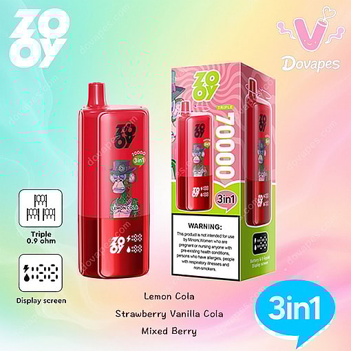Red Zovoy 3-In-1 Disposable Vape Device And Packaging Featuring A Cartoon Monkey In A Hat, With Flavor Options Lemon Cola, Strawberry Vanilla Cola, And Mixed Berry, Set Against A Pastel Gradient Background.