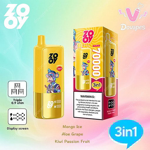Yellow Zooy 3-In-1 Vape Device And Packaging Featuring A Cartoon Monkey, With Flavor Options Mango Ice, Aloe Grape, And Kiwi Passion Fruit, And Highlighted Features Like Triple 0.9 Ohm Coil And Display Screen.