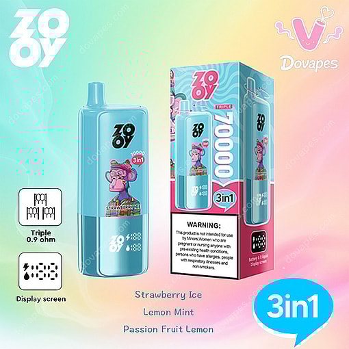 Colorful Promotional Image For Zooy 3-In-1 Disposable Vape Showing The Device With A Cartoon Monkey, Packaging, Key Product Features, Warning Label, And Available Flavors: Strawberry Ice, Lemon Mint, And Passion Fruit Lemon.
