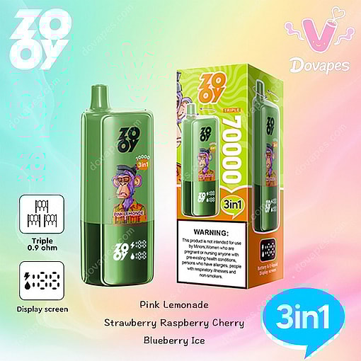 Green Zooy 3-In-1 Disposable Vape Device With A Cartoon Monkey Illustration, Packaging Box, And Listed Flavors: Pink Lemonade, Strawberry Raspberry Cherry, And Blueberry Ice.