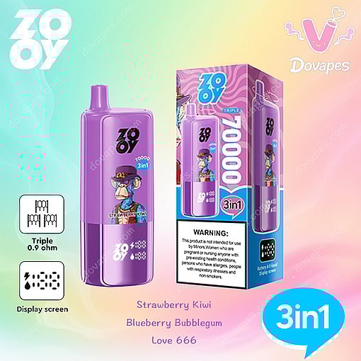 Zooy 3-In-1 Disposable Vape Device With A Purple Body Featuring A Cartoon Ape, Displayed Next To Its Packaging, Highlighting Flavors Strawberry Kiwi, Blueberry Bubblegum, And Love 666 Against A Pastel Gradient Background.