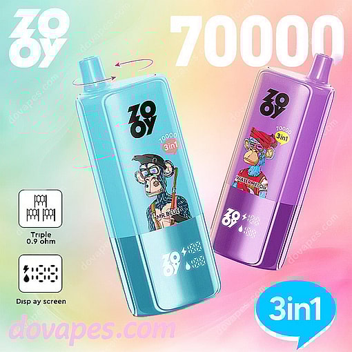 Two Colorful Disposable Vape Devices Labeled Zooy, Featuring Cartoon Apes And Flavor Names 'Mr. Blue' And 'Watermelon', With '3 In 1', '70000', And Technical Icons Highlighted On A Gradient Pastel Background.
