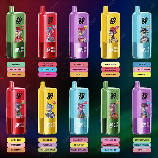 Nine Colorful Vape Devices, Each With Cartoon Character Illustrations And Labeled With Various Flavor Combinations Such As Lemon Lime, Watermelon Ice, Cherry Cola, Strawberry Watermelon, Blueberry Ice, Love 666, And More, Arranged In A 3X3 Grid Against A Gradient Background.