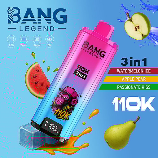 Colorful Bang Legend Disposable Vape Device With A Digital Display, Illustrated With A Hip-Hop Monkey, Surrounded By Watermelon Slice, Apple, Pear, And Splashes, Highlighting 3-In-1 Flavors: Watermelon Ice, Apple Pear, And Passionate Kiss.