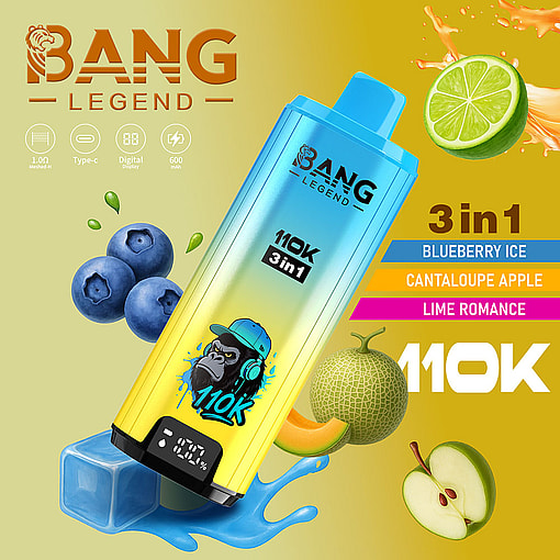Bang Legend 3-In-1 Vape Device Surrounded By Blueberries, Cantaloupe, Lime, Apple, Ice Cube, And Colored Splashes, Highlighting Its Blueberry Ice, Cantaloupe Apple, And Lime Romance Flavors.