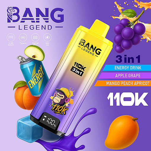 Bang Legend Vape Device With A Digital Display, Surrounded By Illustrated Ingredients Of Energy Drink, Apple, Grape, Mango, Peach, Apricot, And Purple Liquid Splash, Highlighting Its 3-In-1 Flavors And 110K Capacity.