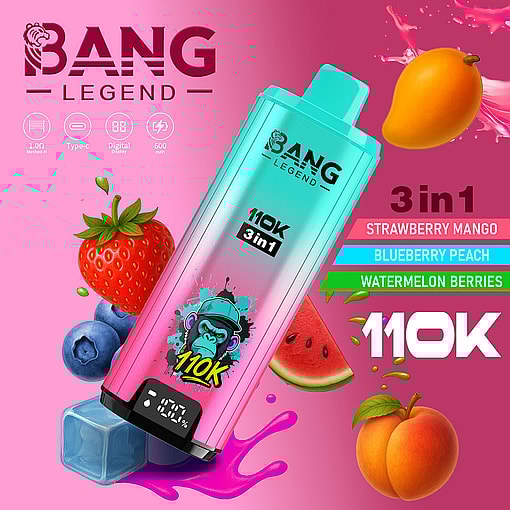 Colorful Bang Legend 3-In-1 Vape Device With Digital Display, Surrounded By Fruit Illustrations (Strawberry, Blueberry, Mango, Peach, Watermelon), Highlighting Flavors And Product Features On A Pink Background.