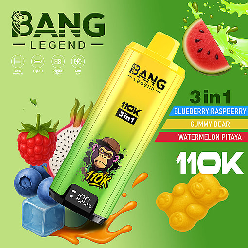 Bang Legend 110K Vaping Device With A Digital Display, Surrounded By Fruity Elements Like Raspberry, Blueberry, Dragon Fruit, Watermelon, Gummy Bear, And Ice, Highlighting Its Three-In-One Flavor Options: Blueberry Raspberry, Gummy Bear, And Watermelon Pitaya.