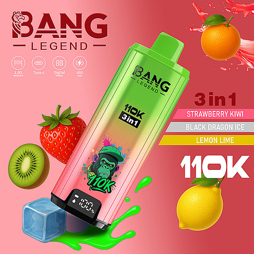 Colorful Bang Legend Vape Device With Digital Display, Featuring Illustrated Gorilla, Surrounded By Strawberry, Kiwi, Lemon, Orange, Ice Cube, And Neon Green Liquid, Highlighting 110K 3-In-1 Flavors: Strawberry Kiwi, Black Dragon Ice, And Lemon Lime.