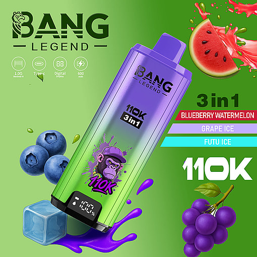 Colorful Bang Legend Vape Device With Digital Display Surrounded By Images Of Blueberries, Watermelon, Grapes, And An Ice Cube, Highlighting Flavors Blueberry Watermelon, Grape Ice, And Futu Ice.