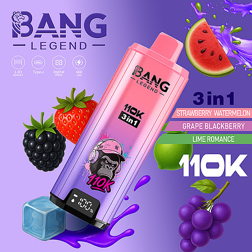 Promotional Image For A Bang Legend 110K 3-In-1 Vape Device Featuring A Colorful Device With A Gorilla Cartoon, Surrounded By Illustrations Of Strawberry, Blackberry, Watermelon, Grape, Lime, And An Ice Cube, Highlighting Flavors Like Strawberry Watermelon, Grape Blackberry, And Lime Romance.