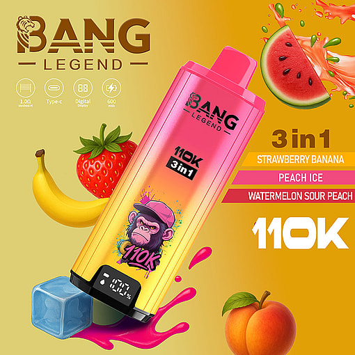 Bang Legend Disposable Vape Device With A Pink-Yellow Design, Digital Display, And Illustrated Monkey, Surrounded By Strawberry, Banana, Watermelon, Ice Cube, And Peach, Highlighting Three Flavors: Strawberry Banana, Peach Ice, And Watermelon Sour Peach.