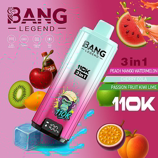 Bang Legend Electronic Vape Device With A Colorful Design Featuring A Cartoon Monkey, Surrounded By Fruits Including Watermelon, Cherry, Kiwi, Mango, Lime, Passion Fruit, Peach, And A Cola Bottle, Highlighting Flavors And Key Features On A Pink Background.
