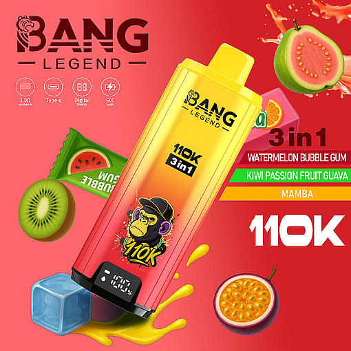 Bang Legend Vape Device With Digital Display Featuring A Cartoon Monkey And Surrounded By Kiwi, Guava, Passion Fruit, Watermelon Bubble Gum, And Vibrant Liquid Splashes, Highlighting The Flavors: Watermelon Bubble Gum, Kiwi Passion Fruit Guava, And Mamba.