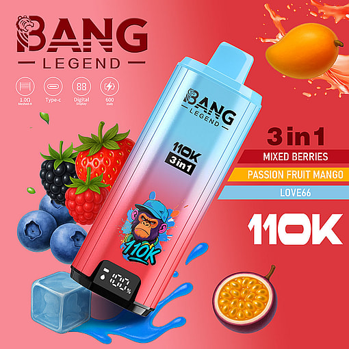Colorful Bang Legend Disposable Vape Device With Digital Display Surrounded By Mixed Berries, Mango, Passion Fruit, And Ice, Highlighting 3 In 1 Flavors: Mixed Berries, Passion Fruit Mango, And Love66.