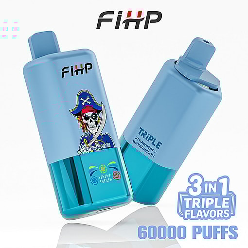 Two Blue Fihp Disposable Vape Devices, One Featuring A Pirate Illustration And Labeled With Lemon Lime Flavor, The Other Labeled Triple Flavors Including Strawberry And Watermelon, With Text Highlighting '3 In 1 Triple Flavors' And '60,000 Puffs'.