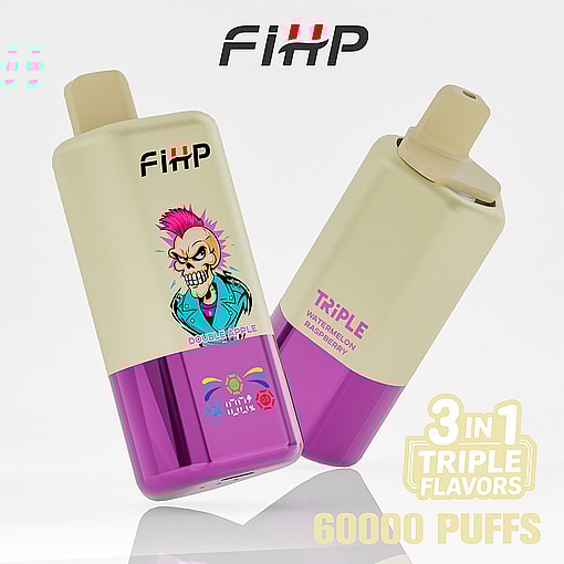 Two Fihp Branded Vape Devices With A Purple And Cream Color Scheme, One Featuring A Punk Cartoon Graphic And Labeled Double Apple, The Other Labeled Triple Watermelon Raspberry, Next To Text Stating 3 In 1 Triple Flavors And 60,000 Puffs.