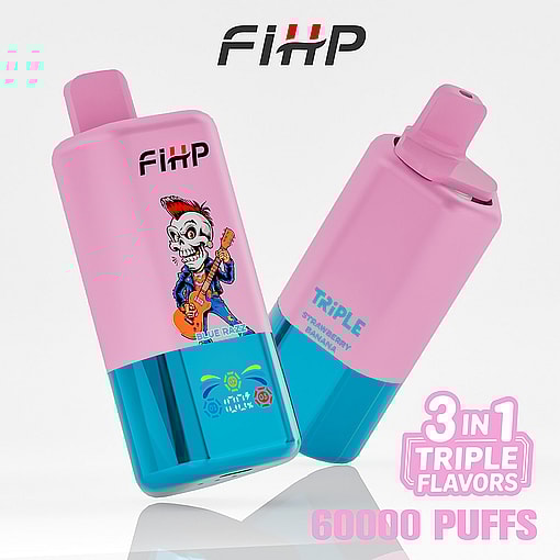 Two Pink And Blue Disposable Vape Devices With Fihp Branding, One Featuring A Cartoon Skeleton Playing Guitar And Labeled 'Blue Razz,' The Other Labeled 'Triple Strawberry Banana,' With Text Highlighting 3-In-1 Triple Flavors And 60,000 Puffs.
