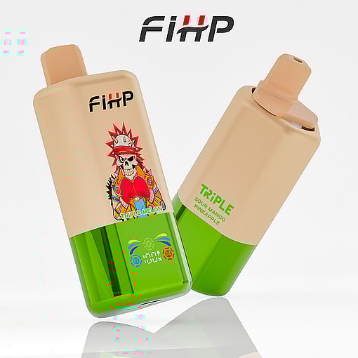 Two Fihp Branded Disposable Vape Devices, One Labeled 'Triple Melon' With A Colorful Skull And Boxing Gloves Illustration, And The Other Labeled 'Triple Sour Mango Pineapple,' Both Featuring Beige And Green Casings.