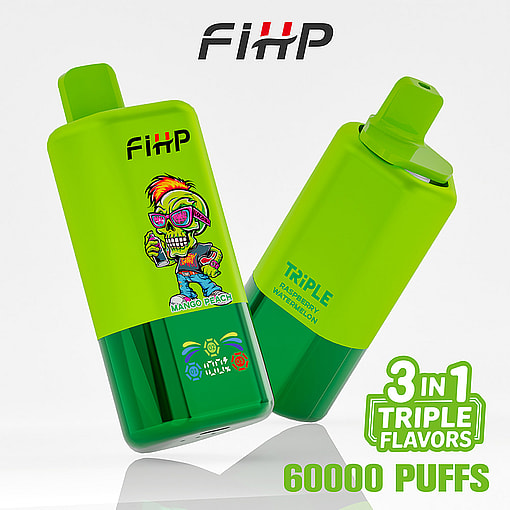 Two Bright Green Fihp Vape Devices Featuring Triple Flavors, One With A Cartoon Skull Character Design And The Flavors Mango, Peach, Raspberry, And Watermelon, With Text Highlighting 3-In-1 Triple Flavors And 60,000 Puffs.