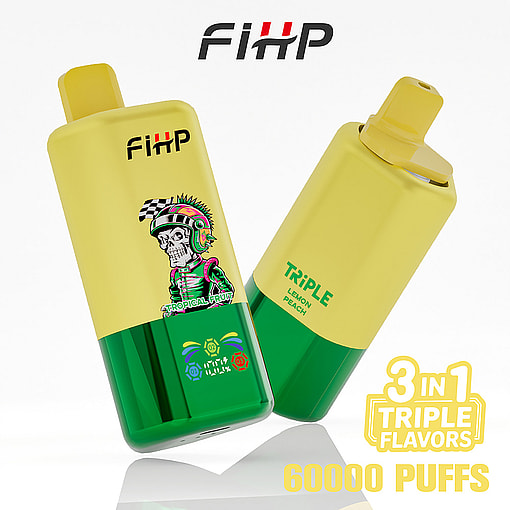 Two Yellow And Green Disposable Vape Devices With 'Fihp' Branding, Featuring Tropical Fruit And Triple Flavor Options, And Text Indicating 3-In-1 Triple Flavors And 60,000 Puffs.