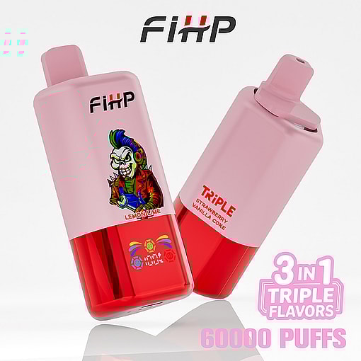 Two Pink And Red Fihp Disposable Vape Devices, One With A Cartoon Character And 'Lemon Lime' Flavor, The Other Labeled 'Triple Strawberry Vanilla Coke,' Featuring Branding And '3 In 1 Triple Flavors, 60000 Puffs' Text.