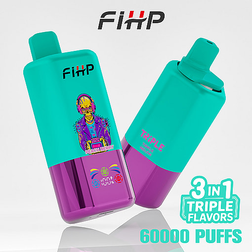 Two Brightly Colored Fihp Disposable Vape Devices In Teal And Purple, One Featuring A Cartoon Skeleton With Headphones And Labeled 'Peach Berry', With Surrounding Text Highlighting '3 In 1 Triple Flavors' And '60000 Puffs'.
