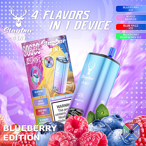 Promotional Image For Stagbar 4-In-1 Vape Device, Featuring Four Flavors (Blueberry Ice, Mixed Berries, Blue Razz Ice, Blueberry Raspberry Ice), Showing The Device, Packaging, And Berries On A Blue And Purple Background With Text Highlighting 8000 Puffs And Blueberry Edition.