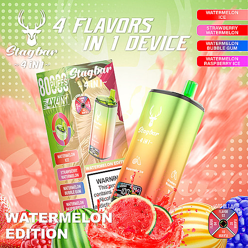 Promotional Image For Stagbar 4-In-1 Vape Device, Featuring A Green And Gold Vape Surrounded By Watermelon, Strawberries, And Gum Illustrations, Highlighting Four Flavors: Watermelon Ice, Strawberry Watermelon, Watermelon Bubble Gum, And Watermelon Raspberry Ice.
