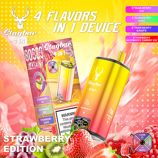 Promotional Image For Stagbar 4-In-1 Vape Device With Yellow And Red Gradient Design, Highlighting Four Strawberry-Themed Flavors And Featuring Strawberries, Grapes, Kiwi, And Raspberries In The Background.