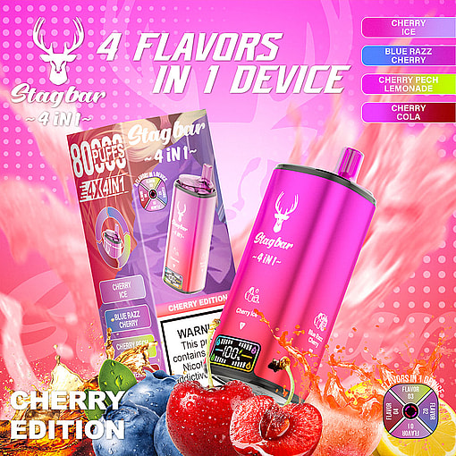 Promotional Image For The Stagbar 4 In 1 Cherry Edition Vape Device, Showing A Pink Vape With Four Selectable Cherry-Flavored Options, Surrounded By Colorful Fruit And Splash Graphics.