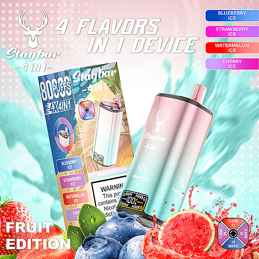 Promotional Image For Stagbar 4-In-1 Disposable Vape Device Showing Blueberry, Strawberry, And Watermelon Fruits, The Device, Flavor Selection Display, And Highlights Of Four Flavors: Blueberry Ice, Strawberry Ice, Watermelon Ice, And Cherry Ice.