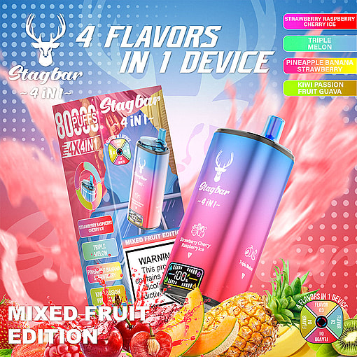 Colorful Advertisement For Stagbar 4-In-1 Vape Device, Featuring Mixed Fruit Edition With Four Flavors—Strawberry Raspberry Cherry Ice, Triple Melon, Pineapple Banana Strawberry, And Kiwi Passion Fruit Guava—Set Against A Vibrant Background With Fruit Images And Product Details.
