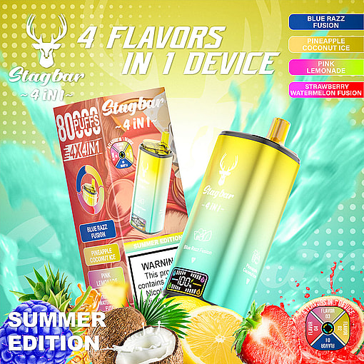 Stagbar 4-In-1 Vaping Device Summer Edition Featuring Four Flavors—Blue Razz Fusion, Pineapple Coconut Ice, Pink Lemonade, And Strawberry Watermelon Fusion—With Vibrant Fruit Graphics And Product Packaging.