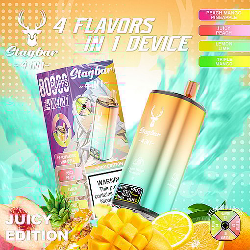 Promotional Image For The Stagbar 4-In-1 Vape Device, Highlighting Four Flavors—Peach Mango Pineapple, Juicy Peach, Lemon Lime, And Triple Mango—On A Vibrant Orange And Green Background With Fruits And Product Packaging Displayed.