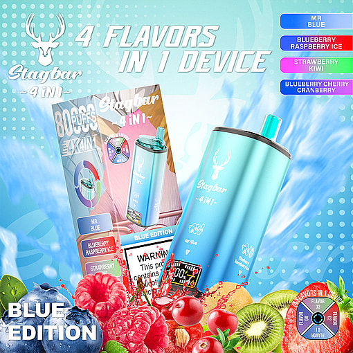 Stagbar 4-In-1 Disposable Vape Device In Blue Edition, Featuring Four Flavors (Mr Blue, Blueberry Raspberry Ice, Strawberry Kiwi, Blueberry Cherry Cranberry), Surrounded By Images Of Fruits With A Highlighted 8000 Puffs And A Warning Label.