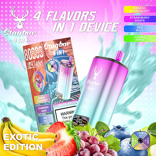 Promotional Image For The Stagbar 4-In-1 Exotic Edition Vape Device Featuring Four Flavors (Banana Strawberry, Strawberry Grape, Red Bull, Double Apple), With A Colorful Vape, Flavor Icons, And Assorted Fruits In The Foreground.